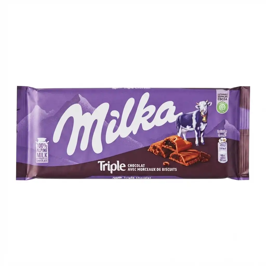 Milka Triple Chocolat avec morceaux de biscuits.