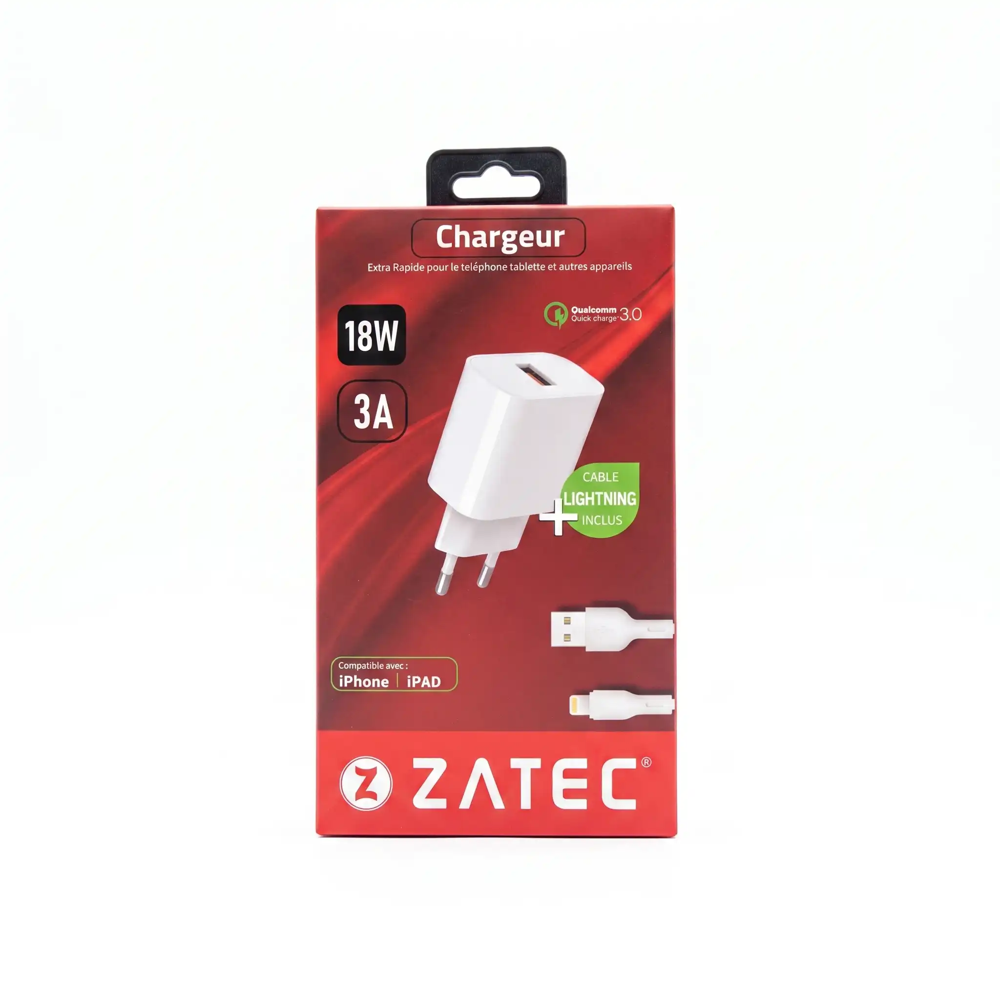 chargeur rapide ZATEC de 18W avec câble Lightning inclus.